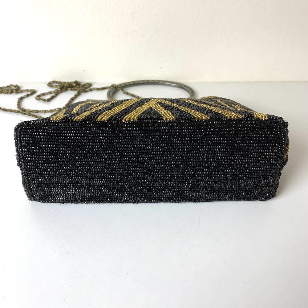Vintage Gold Black Beaded Evening Purse Party Handbag With Chain Crossbody Strap - Picture 8 of 16